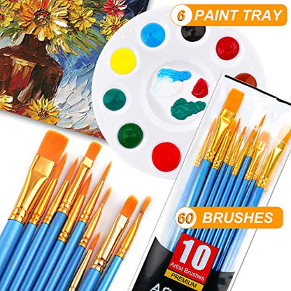 Painting Brush Palette Set, with 6 Packs of 60 Brushes and 6 Palettes,Nylon Brush Head, Suitable for Oil Watercolor, etc., Perfect Art Painting Set. - size: 60 Brushes 6 Palettes