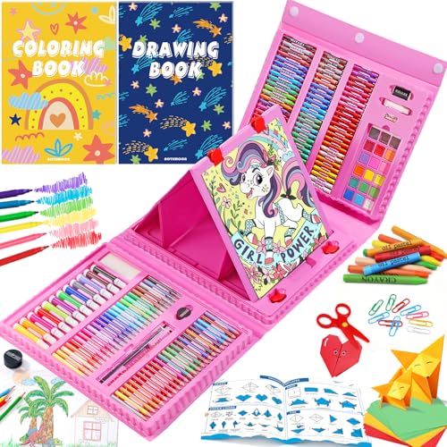 All in One Art Supplies, Art Kit Includes Origami & Paper-Cutting Crafts, Easel, Colored Pencils, Crayons, Drawing Book, Coloring Book, Watercolor Markers and More, Art Set for Kids Girls Boys, Pink - color: Pink