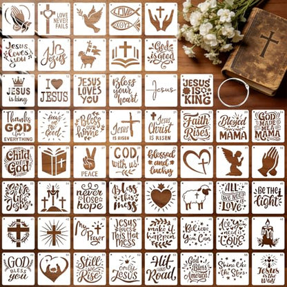 56 Stencils of Bible-Style Paintings with Storage Rings, 4-inch Reusable Bible Decorative Hollow Stencils, Classic Bible Pattern Quotes, Suitable for Painting and Spray Painting Creations