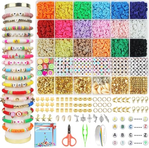 Redtwo 5100 Clay Beads Bracelet Making Kit, Flat Preppy Beads for Friendship Jewelry Making,Polymer Heishi Beads with Charms Gifts for Teen Girls Crafts for Girls Ages 8-12 - color: 18 Colors