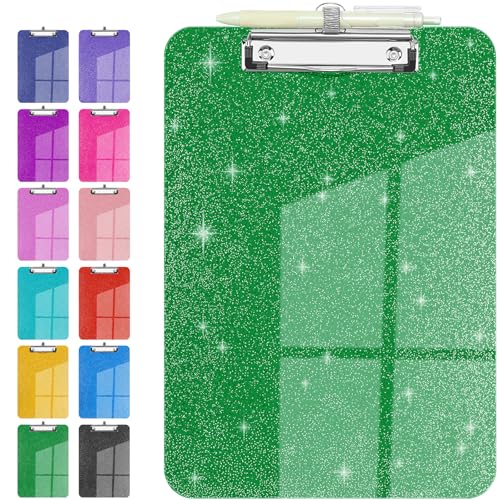 Sparkly Clipboard with Pen Holder Clear Plastic Glitter Clip Board Hanging Shiny Clipboards with Low Profile Metal Clip Letter A4 Size for Taecher Women Office School (Forest Green) - color: Forest Green