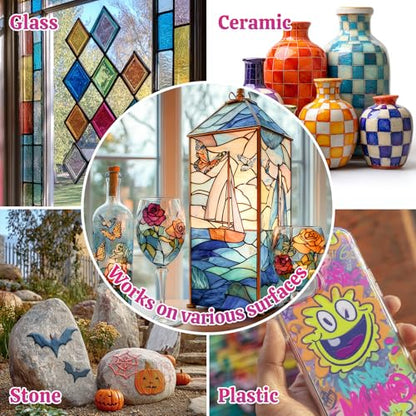 HOMY ARTY Glass Paint 20 Colors (1 fl oz Each) with 3 Brushes, Permanent No-Bake Acrylic Enamel Paint, Waterproof Stained Glass Paints, for Glass Painting, Ceramics, Light Bulbs and Windows