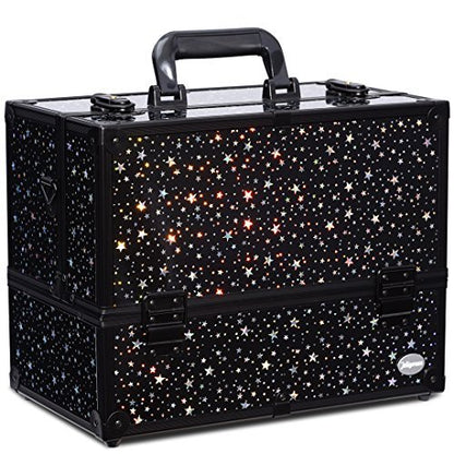 Makeup Case 6 Trays Large 14" x 8.5" x 11" Train Cases Cosmetic Organizer Storage Box by Joligrace - Star Pattern - color: Black Star