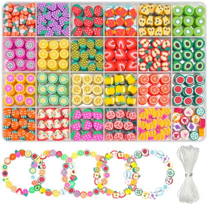 Gionlion Fruit Polymer Clay Beads Bracelet Making Kit, Colorful Clay Beads with Lemon, Strawberry, Avocado, and Watermelon Designs for DIY Jewelry, Bracelet & Necklace Making Crafts - style: Fruit