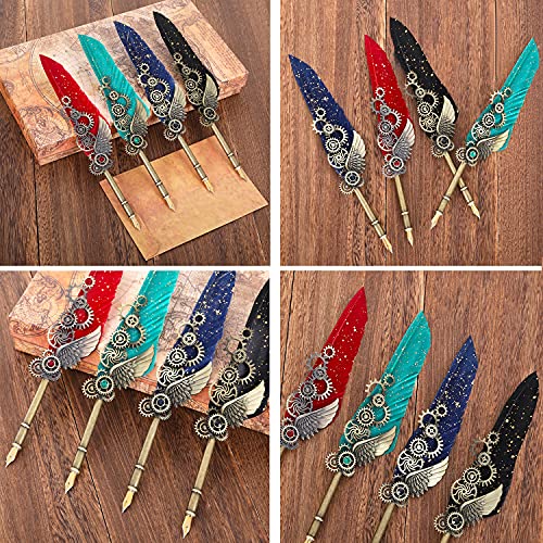 Quill Pen, Quill Pen Ink Set Including Mechanical Feather Pen and Wooden Dip Pen, 5 Colors of Ink, 12 Replacement Nibs, Pen Holder, Envelope and Letter Paper (Black) - color: Black
