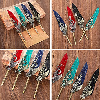 Quill Pen, Quill Pen Ink Set Including Mechanical Feather Pen and Wooden Dip Pen, 5 Colors of Ink, 12 Replacement Nibs, Pen Holder, Envelope and Letter Paper (Black) - color: Black