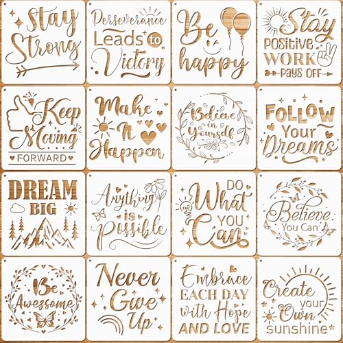 JSRQT 16Pcs Inspirational Word Stencils for Painting, Plastic Reusable Stencil Template for Craft, Motivational Quotes Drawing Painting Stencils Kit for DIY Wood Wall Home Decor Card Making, 13×13 CM - size: 13*13CM