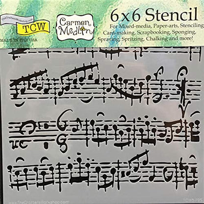 The Crafter’s Workshop - Reusable Music-Themed Stencil for Painting and Crafts – Elegant Sheet Notes and Abstract Design – 2 Pk, 6" x 6" – Sheet Music/Capricious - style: Sheet Music / Capricious