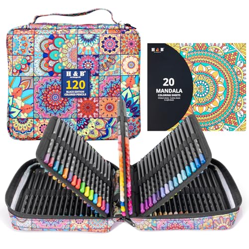 H & B 120-Color Black Wood Colored Pencils Set with Coloring Book, Eraser, Sharpener - Adult Drawing and Coloring - Artist-Grade Soft Oil-Based Cores - Works on Black Paper - size: 1 count (Pack of 120), style: 2-Mandala (BlackWood)