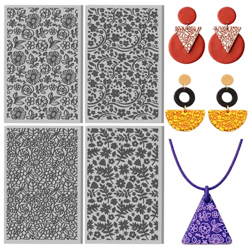 4 Sheets Flowers Pattern Polymer Clay Texture Sheet Leaves Patterns Rubber Texture Mat for Polymer Clay Making Earrings Jewelry DIY Crafts 4 × 2.5 Inch - style: Flowers Pattern