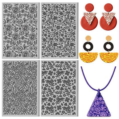 4 Sheets Flowers Pattern Polymer Clay Texture Sheet Leaves Patterns Rubber Texture Mat for Polymer Clay Making Earrings Jewelry DIY Crafts 4 × 2.5 Inch - style: Flowers Pattern