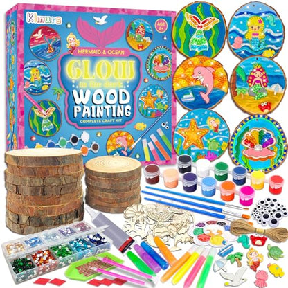 klmars Mermaid Themed Wooden Painting Kit-Glow in The Dark-Arts & Crafts Gifts for Kids Girls Ages 6-12-Wood Slice Craft Activities Kits -Mermaid Art Toys for Kids Christmas Gifts - color: Mermaid