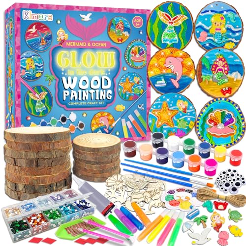 klmars Mermaid Themed Wooden Painting Kit-Glow in The Dark-Arts & Crafts Gifts for Kids Girls Ages 6-12-Wood Slice Craft Activities Kits -Mermaid Art Toys for Kids Christmas Gifts - color: Mermaid