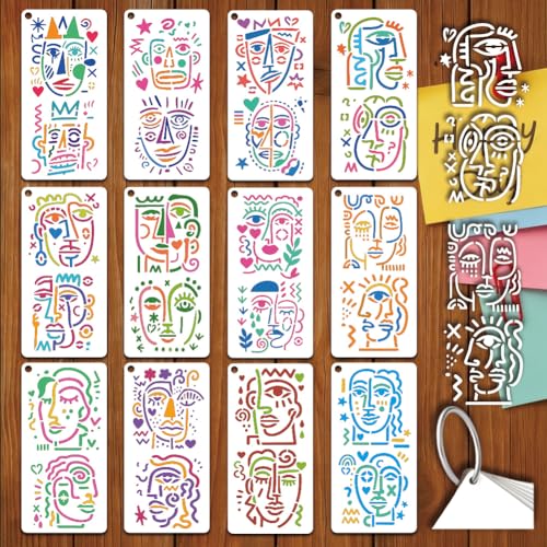 12 Sheets Abstract Face Stencils for Painting, 12 Styles Whimsical Line Art Face Wall Stencil Template Reusable Portrait Face Stencils for Painting on Wall Wood Home Decor - style: Facial Feature