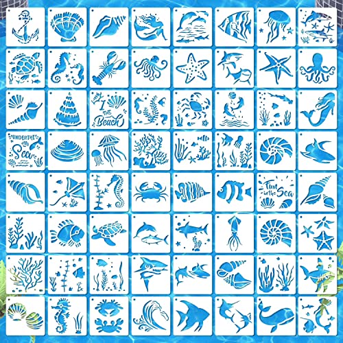64 Pieces Stencils for Painting, Small Reusable Sea Life Mermaid Stencil, Art Craft Template for Painting on Wood, Wall, Fabric, Rock, Chalkboard, Sign, DIY Art Scrapbook Projects(Ocean) - style: Ocean