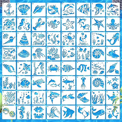 64 Pieces Stencils for Painting, Small Reusable Sea Life Mermaid Stencil, Art Craft Template for Painting on Wood, Wall, Fabric, Rock, Chalkboard, Sign, DIY Art Scrapbook Projects(Ocean) - style: Ocean