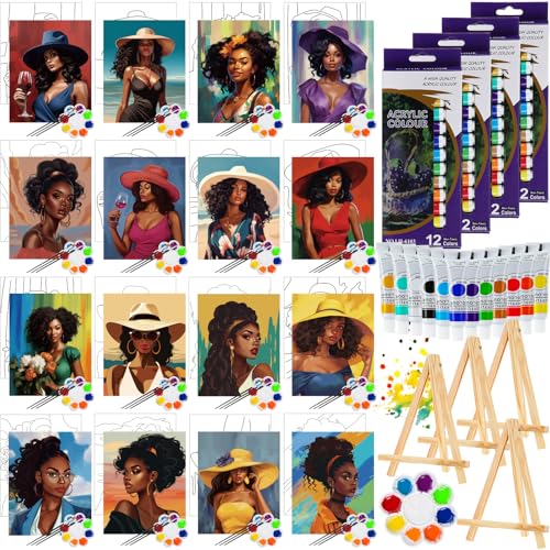 Zhanmai 88 Pcs 8 x 10 Inch Pre Drawn Canvas for Painting Kit Pre Stretched Canvas for Sip and Paint Party Favor Coloring DIY Virtual Party Birthday Gifts Adult's Date Night(Afro Queen) - style: Afro Queen
