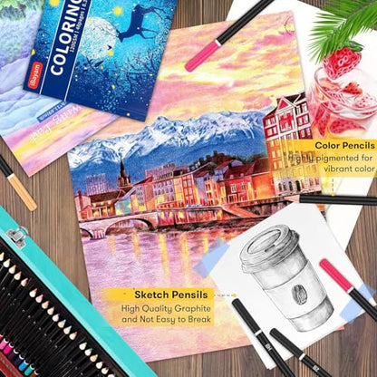 iBayam Art Supplies, 150-Pack Deluxe Wooden Art Set Crafts Drawing Painting Kit with 1 Coloring Book, 2 Sketch Pads, Creative Gift Box for Adults Artist Beginners Kids Girls Boys - color: Teal