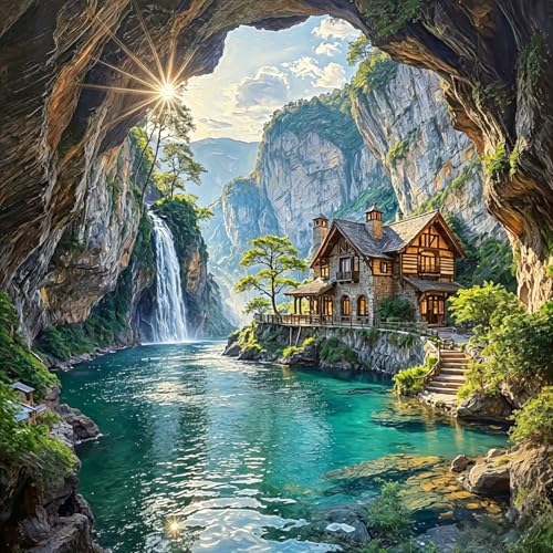 BYGFHLYW 5D Full Round Drill Diamond Painting Kits for Adults, Nature Cave Waterfall Mountain Forest Landscape Diamond Art Kit, Gem Dot Canvas for Home Wall Decor DIY Craft Present, 13.7x13.7 Inch - color: KM1114-1