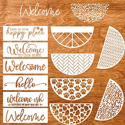 Welcome Stencils for Painting on Wood Welcome Stencil for Wood Sign 12" Reusable Templates Brick/Leopard Print/Herribone/Cow Print Pattern Stencil - style: Daily 12p