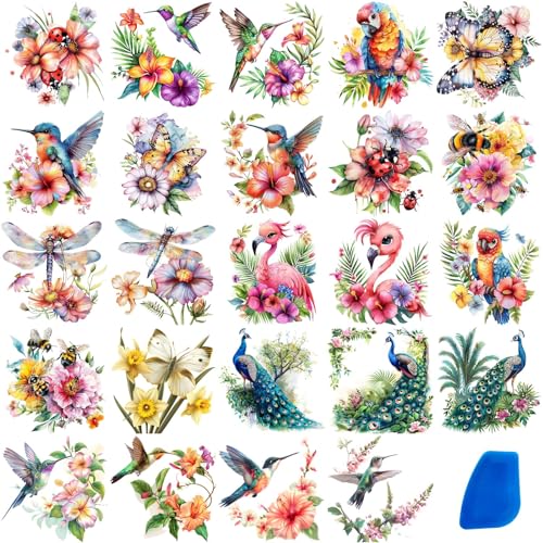 ZMRU 24 Sheets of Watercolor Style Rub on Transfers for Crafts - Perfect for Glass, Porcelain, Leather, Canvas, and Fabric Projects - IOD Transfers Included,3 * 3inch (Insects Birds) - style: Insects Birds