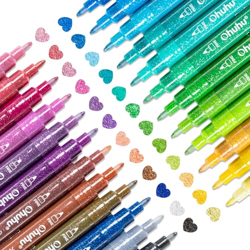 Ohuhu Acrylic Glitter Markers, 24 Metallic Glitter Colors, Fine Tip Paint Pens for Fine Details & Shimmer Accents, Water-Based & Quick Dry, for DIY Crafts, Cards, Journals, Wood & Rock Painting - color: 24 Colors, size: Extra Fine Tip 0.7mm