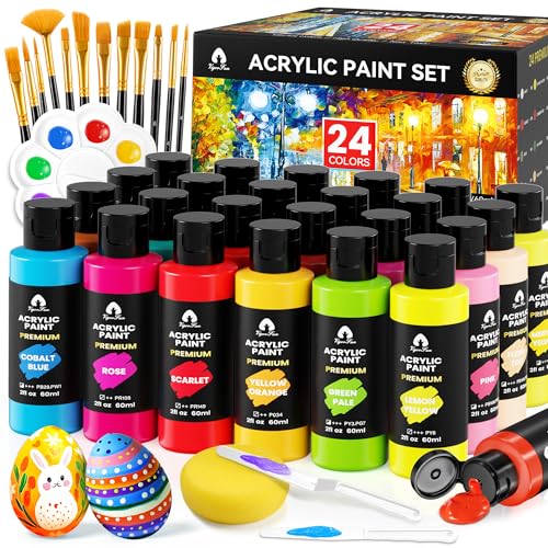 40 Pcs Acrylic Paint Set - 24 Colors (2oz/60ml) with 12 Brushes, 2 Knives & Palette - Rich Pigments for Adult, Artists & Beginners - Painting on Halloween Pumpkin Canvas Ceramic Rock Wood - color: Classic, size: 2 Fl Oz (Pack of 24)