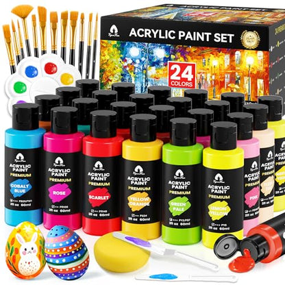 40 PCS Acrylic Paint Set - 24 Colors (2oz/60ml) with Brushes, Knives & Palette - Rich Pigments Gifts for Adults, Artists & Beginners - Painting on Canvas, Ceramic, Rock, Wood