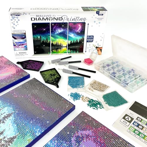ArtSkills Diamond Painting Kit, Diamond Art Ready to Hang Framed Canvas with Storage and Accessory Kit, Northern Lights, 3 Stretched Canvas Panels, 14” x 7” Each - color: Northern Lights