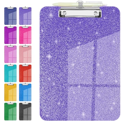 Sparkly Clipboard with Pen Holder, Clear Plastic Glitter Clip Board, Hanging Shiny Clipboards with Low Profile Metal Clip, Letter A4 Size for Taecher Women Office School (Clear Purple) - color: Clear Purple