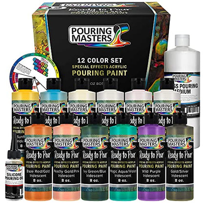 Pouring Masters 12-Color Ready-to-Pour Acrylic Iridescent Color Shifting Pouring Paint Set, with Silicone Oil & Gloss Medium, 8oz Bottles, Pour Paint Supplies for Canvas & Crafts