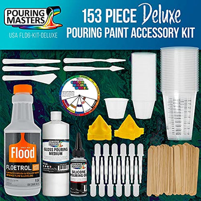 U.S. Art Supply - 1 Quart Floetrol Additive Pouring Supply Paint Medium Deluxe Kit for Mixing, Epoxy, Resin - Silicone Oil,1 and 10 Ounce Plastic Cups, Mini Painting Stands, Sticks, Pallete Knifes