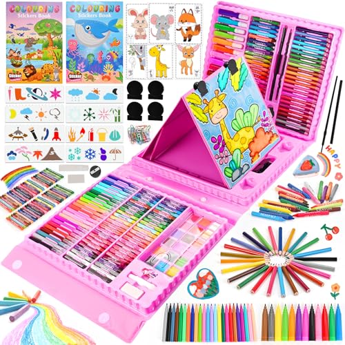 Art Supplies, 230 PCS+ Drawing Art Kit, Kids Art Set with Double Sided Trifold Easel, Colored Pencils, Crayons, Oil Pastels, Watercolor Pens, Coloring Book, Gifts for Girls Boys 4-12, Teens, Beginners - color: PINK