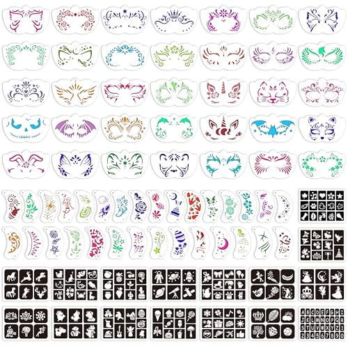 Face Paint Stencils, Includes 50 Reusable Face Painting Stencils, 8 Sheets Tattoo Templates Stickers for Halloween Festival DIY Body Art Makeup Party Temporary Tattoo (58PCS)