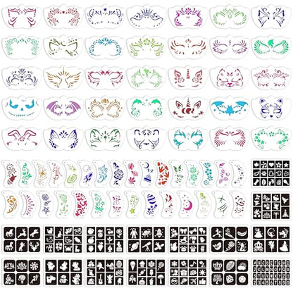 Face Paint Stencils, Includes 50 Reusable Face Painting Stencils, 8 Sheets Tattoo Templates Stickers for Halloween Festival DIY Body Art Makeup Party Temporary Tattoo (58PCS)