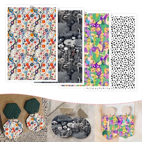 Polymer Clay Transfer Paper, 20 Pcs 4 Designs Creative Floral Mushroom Leopard Water Soluble Transfer Sheet for Polymer Clay for Polymer Clay Earrings Jewelry Making Disposable Stickers 5.82X3.93in - color: 4 Pattern Sets