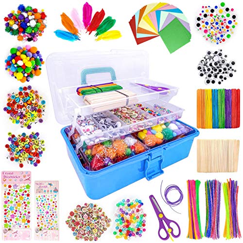 kortes Jumbo Art and Craft Supplies for Kids, Toddler DIY Craft Art Supply Set Included Pipe Cleaners, Pom Poms, Feather, Folding Storage Box - All in One for Craft DIY Art Supplies (Blue) - color: B0-Blue