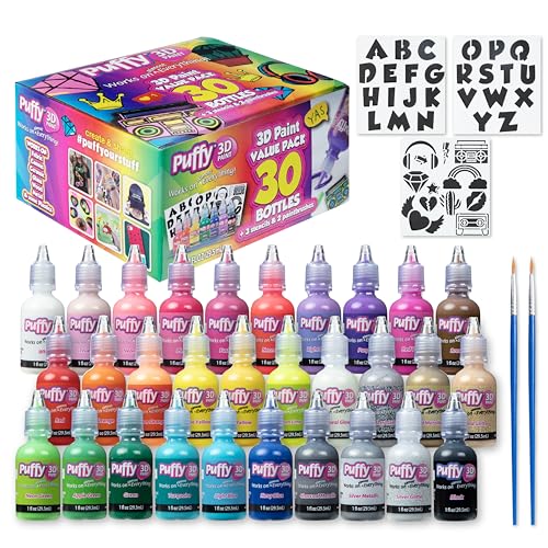 Puffy Bulk Buy Paint 30 Pack Premium Quality 3D Paint Set. Safe for Kids, Great for School Projects, Permanent on Fabric, Canvas, Wood, Glass, and More Craft Surfaces - size: 30 Count (Pack of 1)