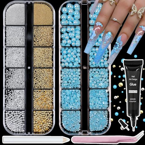 Nail Art Pearls with Rhinestones Glue Gel Flatback Pearls Nail Charms Luxurious Nails Supplies Accessories Gold Silver Gems Jewelry Pearl for Women Nails Design(Blue) - color: Colorful-17