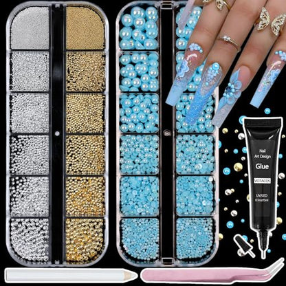 Nail Art Pearls with Rhinestones Glue Gel Flatback Pearls Nail Charms Luxurious Nails Supplies Accessories Gold Silver Gems Jewelry Pearl for Women Nails Design(Blue) - color: Colorful-17