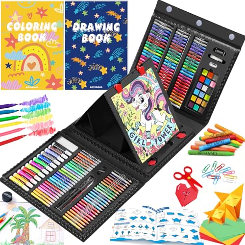 All in One Art Supplies, Art Kit Includes Origami & Paper-Cutting Crafts, Easel, Colored Pencils, Crayons, Drawing Book, Coloring Book, Watercolor Markers and More, Art Set for Kids Girls Boys, Black - color: Black