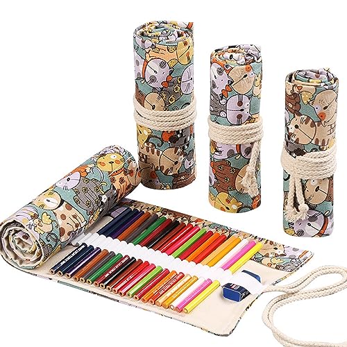 DIYOMR 24/36/72 Slots Pencil Wrap Pencil Rolls, Artist Colored Pencils Roll Up Bag Short Brushes Pouch Case Pencils Organizer for Drawing Coloring and Sketching, NO PENCILS (Cuddly Cat, 72slots) - color: Cuddly Cat, size: 72slots