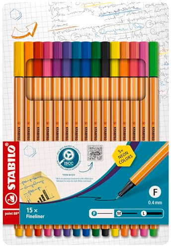 STABILO - point 88 - Fineliner - Pack of 15 - Assorted colors including 5 Neon colors - size: 15 Count (Pack of 1)