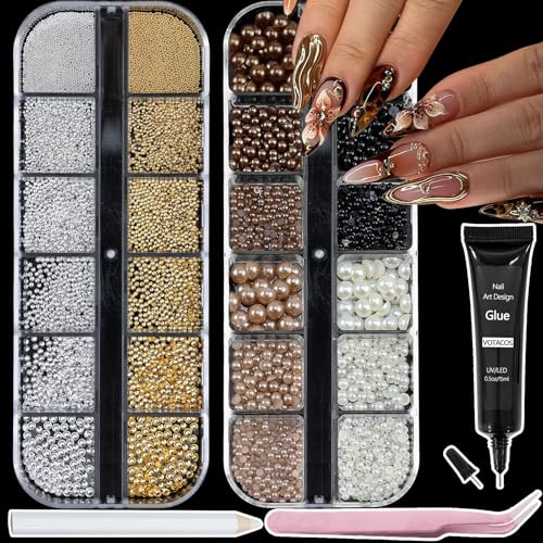 Nail Art Pearls with Glue Gel Flatback Brown Black 4 Colors Nail Charms Pearls Mixed Size 0.03-0.18in Nails Gems Pearl Accessories for Women Nails Design Decoration - color: Colorful-15