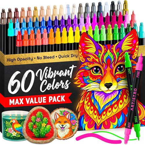 ARTISTRO 60 Precision Dual-Tip Acrylic Paint Markers – Paint Pens Set with Dot & Fine Tips for Fabric, Rock, Glass, Wood, Coloring Books – Arts & Crafts Gift – Classroom Must Haves & School Supplies - style: Multicolor