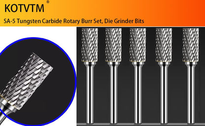 Tungsten Carbide Burr Set SA-5 Double Cut Rotary Burr File(1/2” cutter Dia X 1”Cutter Length) with 1/4'' Shank for Die Grinder Drill Bits (Pack of 5)…