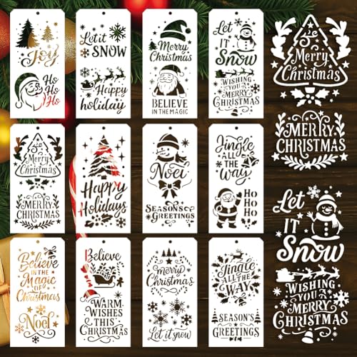 12 Pcs Christmas Stencils for Painting, 23 Styles Merry Christmas Theme Painting Stencils Reusable Plastic Drawing Templates for Scrapbooking DIY Art Craft - style: Christmas