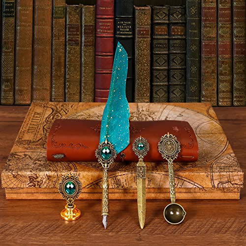 Aifeiter Quill Pen and Ink Set, Feather Calligraphy Set With Wax Seal Stamp, Notebook - Beautiful Gift for Christmas - Green - color: Green