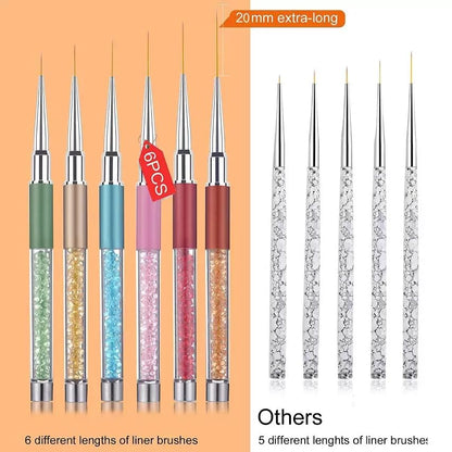 6Pcs Rhinestone Handle Ultra-Fine Nail Liner Brush Set - Professional Striping Brushes for Intricate Nail Art, Multi-Color Crystal Handle Gel Polish Liner Brushes for Salon & DIY Manicure Detailing - color: 6PCS Liner Brush