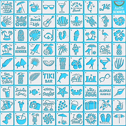 80 Pieces 3 x 3 Inch Summer Hawaii Themed Reusable Plastic Art Craft Kits for DIY Painting Art Projects Wood Wall Floor Fabric Furniture Tile Holiday Stencils Decorations Beach Stencils Craft Kits - style: Summer